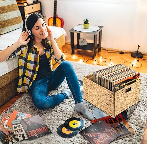 Miniatura 2 de Caja de almacenamiento de discos de vinilo de mimbre, organizador de almacenamiento decorativo de LP, soporte plegable para discos de vinilo tejido