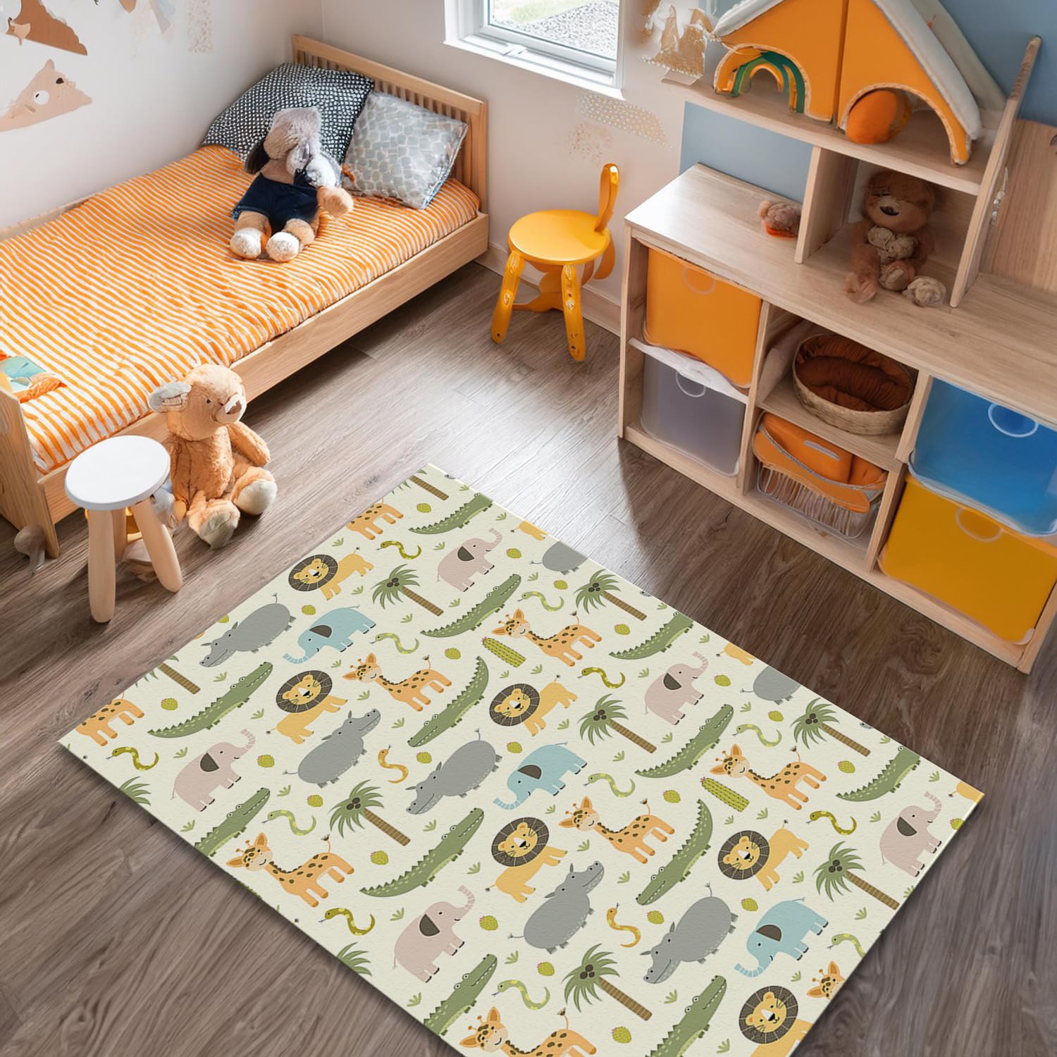 Dywan ze zwierzętami safari, zoo dżungla, dekoracja pokoju dla dziewczynki, chłopca, dywan do pokoju, słoń, lew, krokodyl, hipopotam, antypoślizgowa, nadająca się do prania, miękka mata, prezent