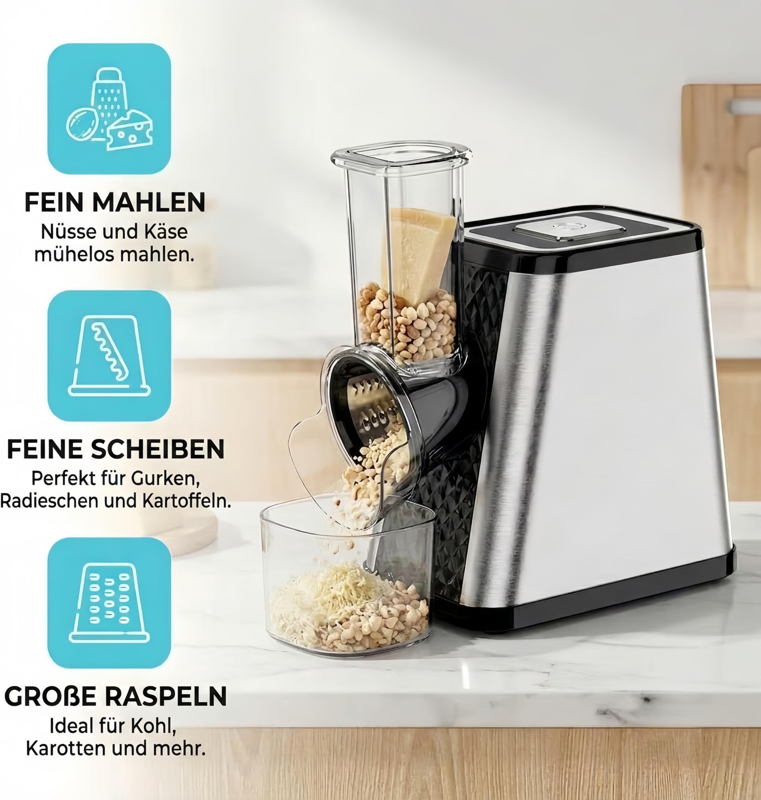 Elektrischer Gemüsehobel 500W, 5-in-1 Multifunktionaler Gemüseschneider mit 5 austauschbaren Klingen, Edelstahl Käseraspel für Kartoffeln, Karotten, Obst und Käse