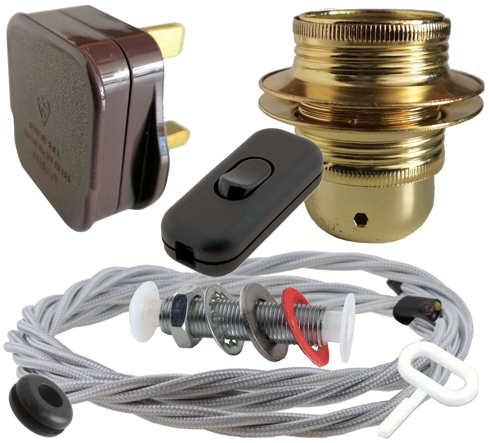 Art Deco Emporium Lamp Repair and Service Kit|Brown Plug|Silver Flex|Black Switch|E27 Brass Finish Lamp Holder Holder