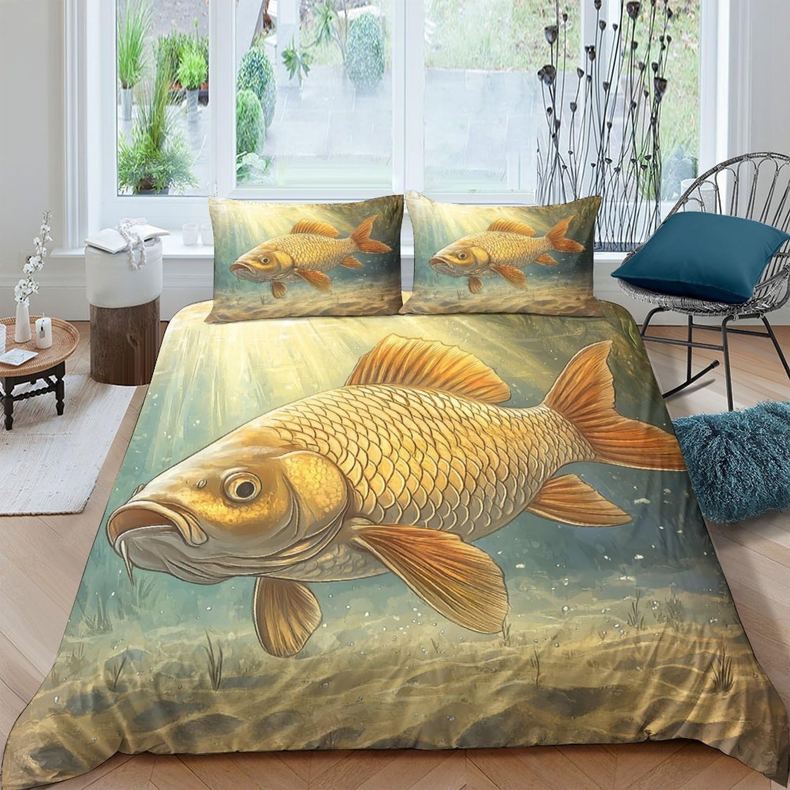 Ctjqhvkz Style-2 3D Printed Golden Carp Fitted Sheet Microfiber Non Slip Artistic Fish Mattress Cover For Bedroom Dorm Decor Single（135X200cm）
