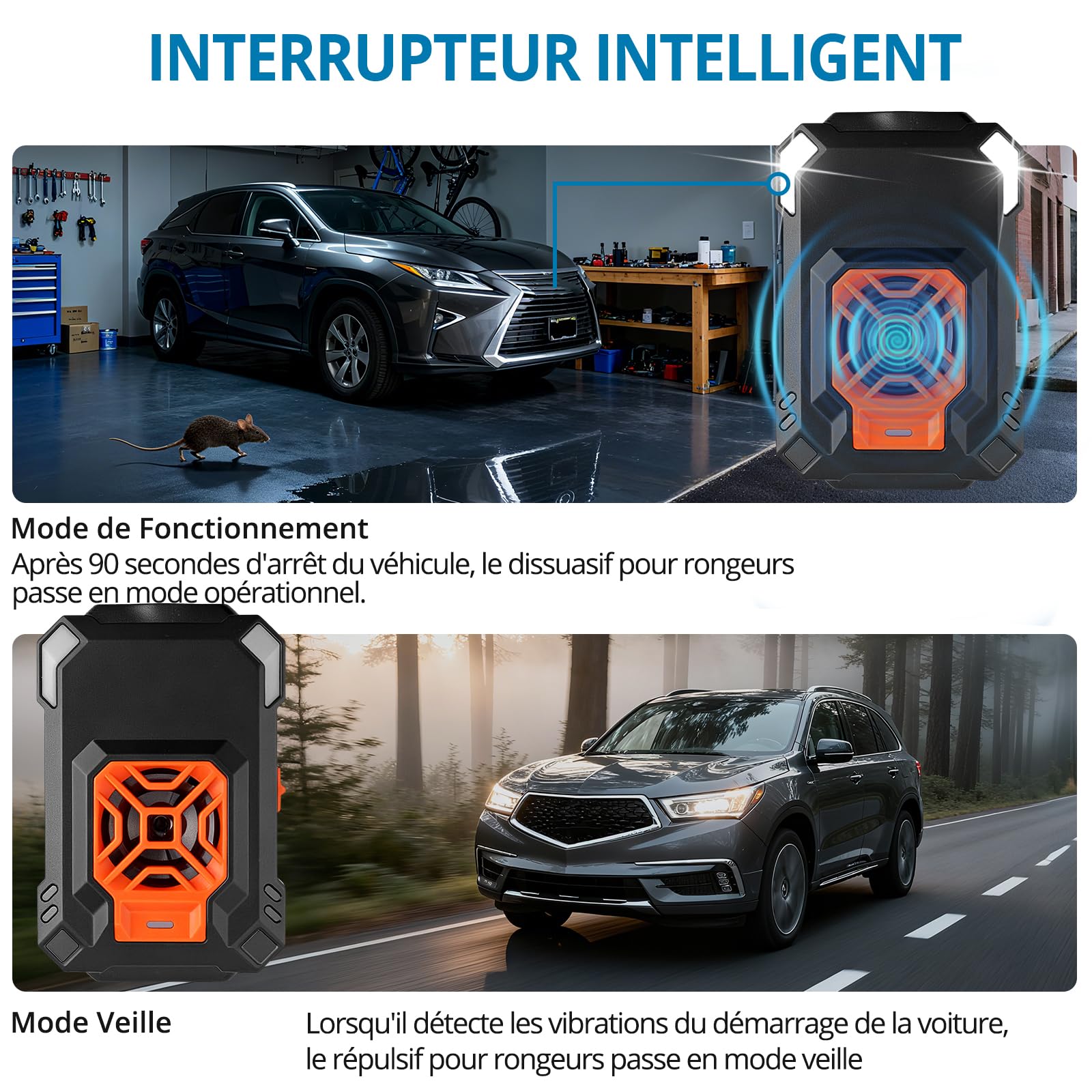 AUTOUTLET Répulsif Ultrason Souris pour Voiture 2 en 1 Répulsif Ultrason Rongeur Connexion électrique du véhicule/Câblage USB/Batterie Démarrage/arrêt Automatique avec Ligne d'Extension 50cm