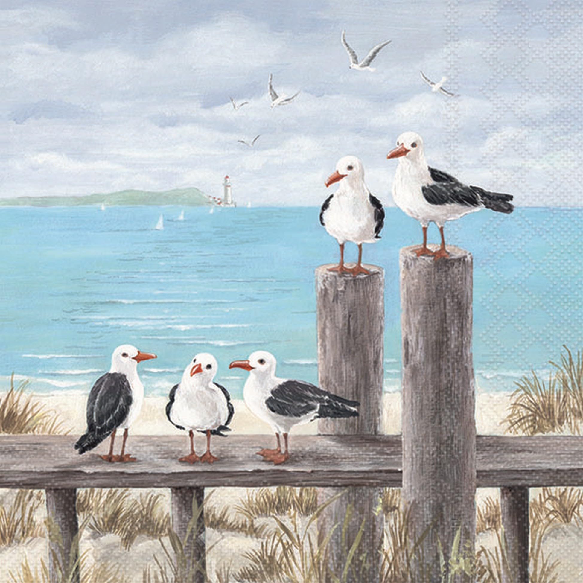20 Ambiente Paper Napkins "Seagulls on The Dock" Vintage Table Decoration with Motif Also for Party or Decoupage 33 x 33 cm
