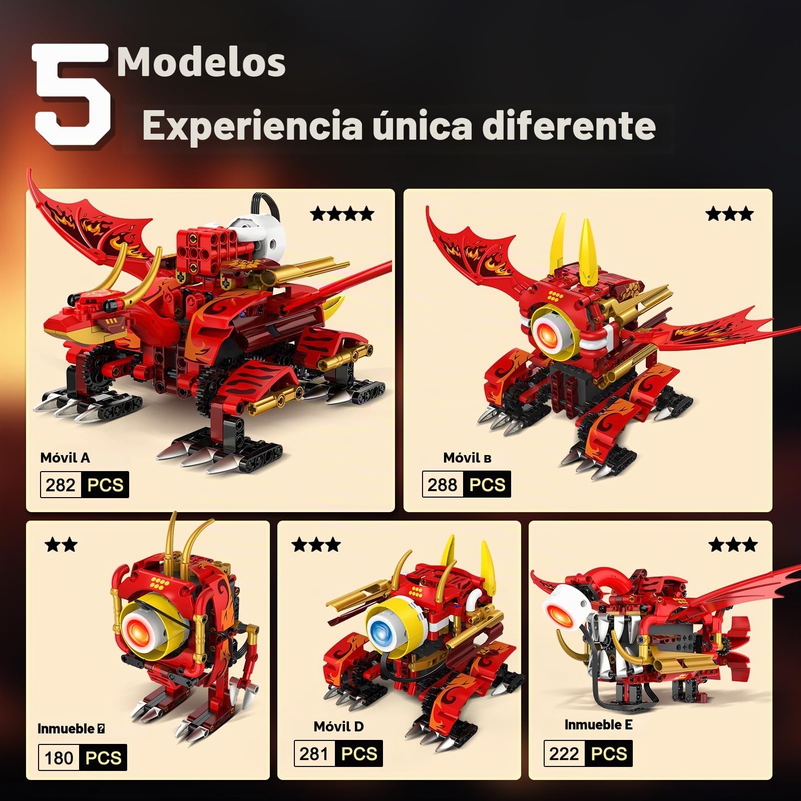 HOGOKIDS - 5 en 1 Juego de Bloques de construcción de Robot dragón con 6 Colores de iluminación y 5 Efectos de luz - 354 Piezas de Juguete Robot controlado por Control Remoto y App, Regalo para niños