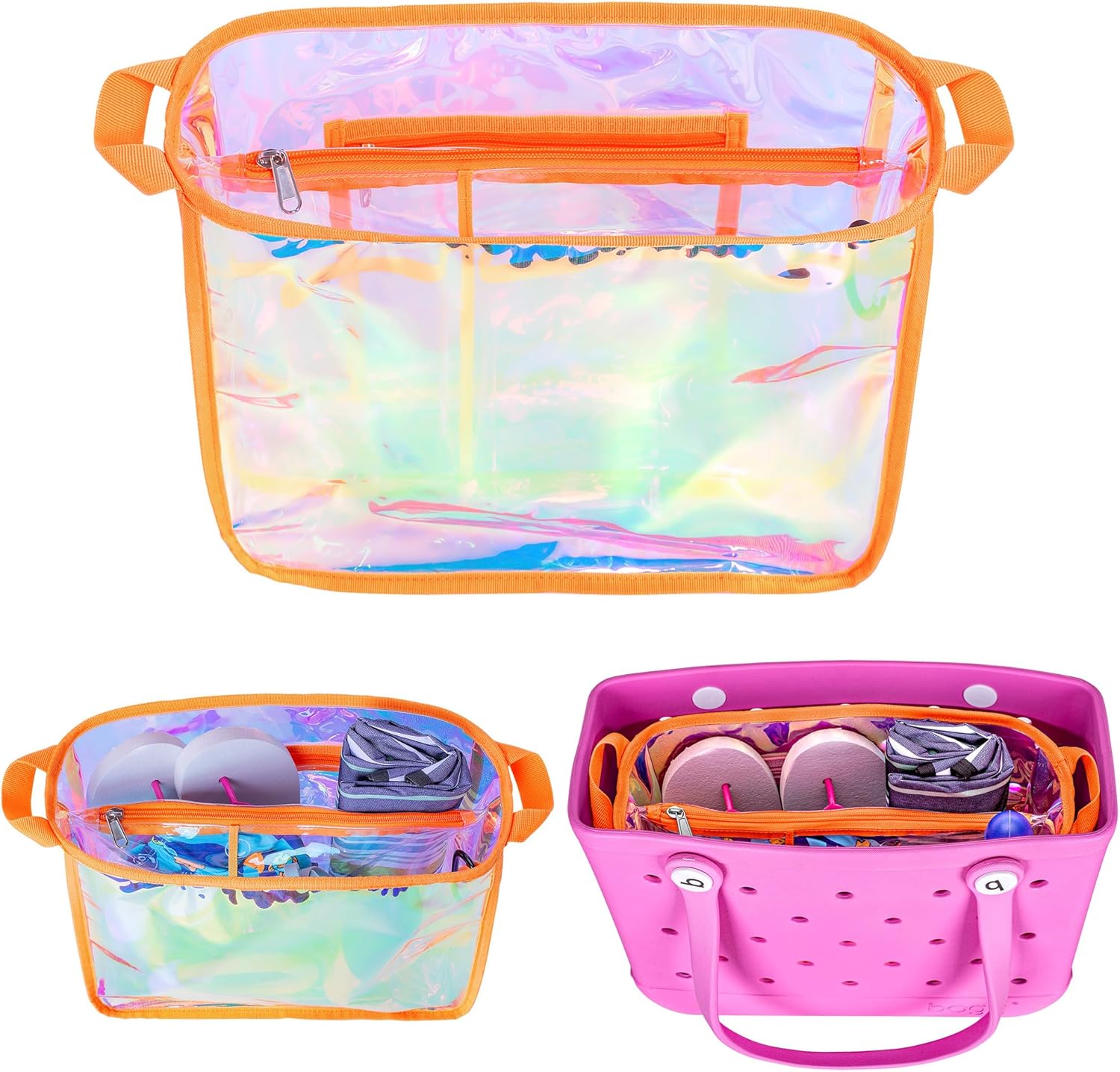 Rexmica Iridescent Beach Bag Organizer Insert (12.4in x 10.2in x 4.3in) Compatible with Bogg Bag(15in x 13in x 5.25in), Beach Bag Insert Divider Pouch Waterproof Liner, Orange