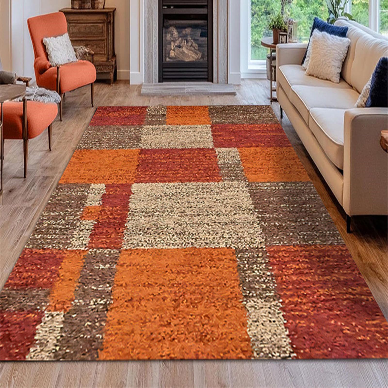 Very Large Rugs for Living Room,Geometric Abstract Design Modern Beige Brown Red,Orange,180 x 240 cm, Carpet for Lounge Bedroom Dining Room Office Indoor Decorations,