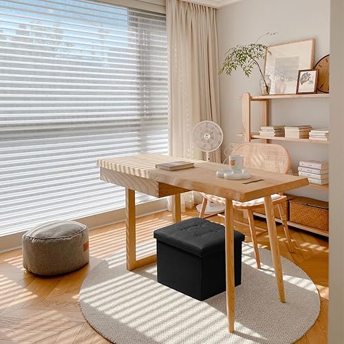 Miniatura 7 de AmasSmile Taburete plegable otomano de almacenamiento, reposapiés de lino de 17 pulgadas, banco otomano corto, almacenamiento de reposapiés, libros,