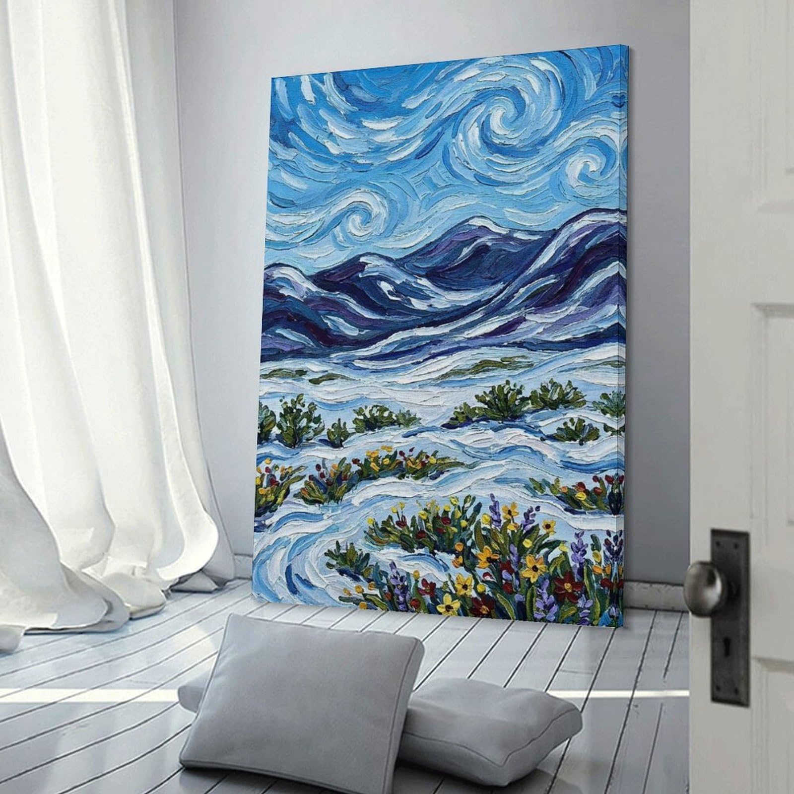 Junmoney Impressionistic Mountain Landscape with Flowers Wall Decor Canvas Print, 24x36inch(60x90cm), for Bedroom, Lounge Or Dressing Area, Decorative Wall Art for Cosy Rooms