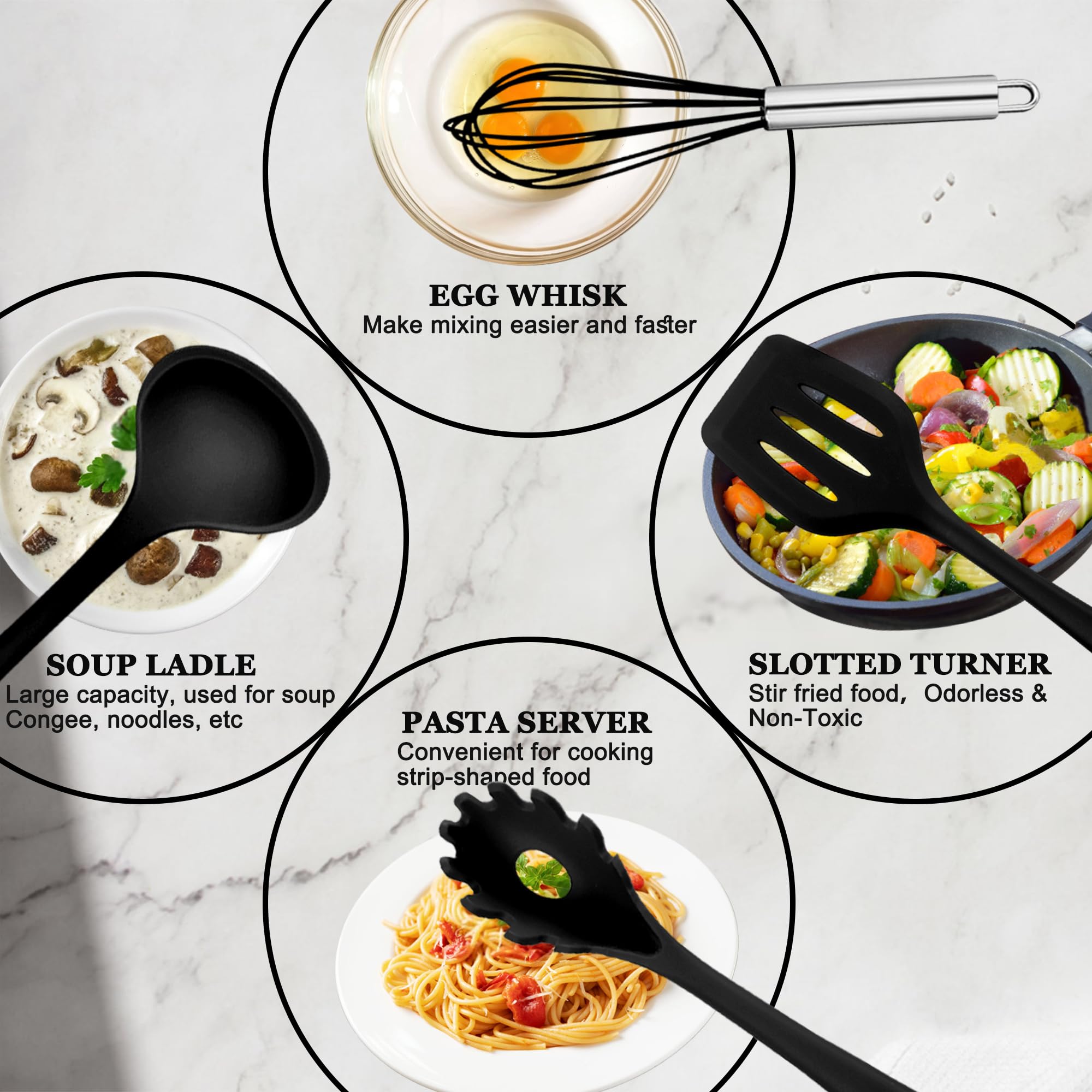 E-far Set di 10 utensili da cucina in silicone, resistenti al calore, per pentole antiaderenti, utensili da cucina con spatola, cucchiaio, spatola scanalata, atossici e lavabili in lavastoviglie
