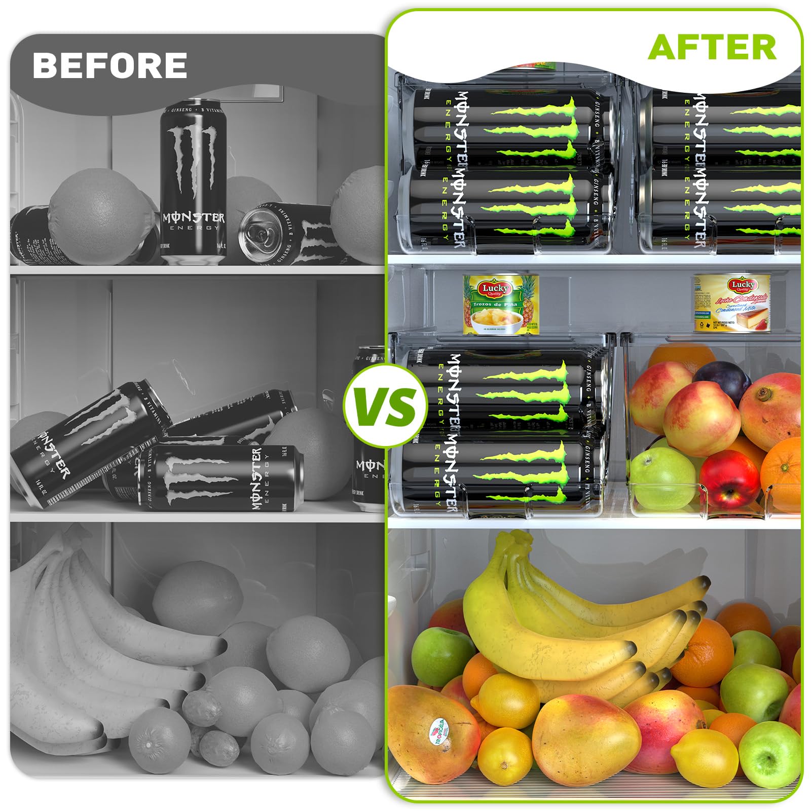 SCAVATA Paquete de 2 organizadores de latas de refresco para refrigerador para latas altas de 16 onzas y 17 onzas, dispensador de contenedores de bebidas apilables con tapa para refrigerador,