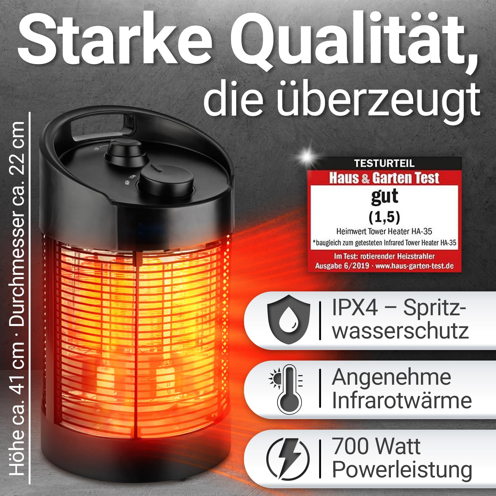 Heimwert Stufa a infrarossi – Riscaldamento istantaneo per terrazza e interni, mobile ed efficiente, silenzioso e anallergico, molto buono (altezza 41 cm)