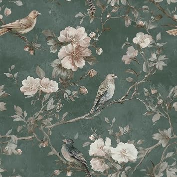 Nukofal Green Bird Peel and Stick Wallpaper Vintage Floral Contact Paper 16.9inchx118.1inch Bird Floral Wall Paper Boho Self Adhesive Removable Wallpaper for Bedroom Bathroom Cabinet Decor Vinyl