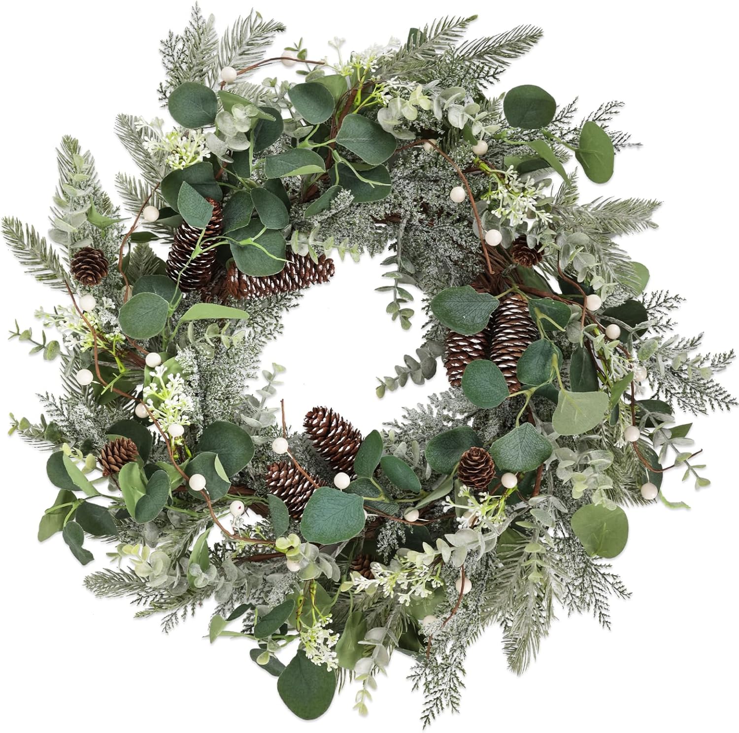 24" Christmas Wreath with Pine Cones White Berries, Winter Eucalyptus Artificial Faux Evergreen Wreath Greenery Decoration for Front Door Window Home Wall Farmhouse Holiday Outdoor Indoor Décor