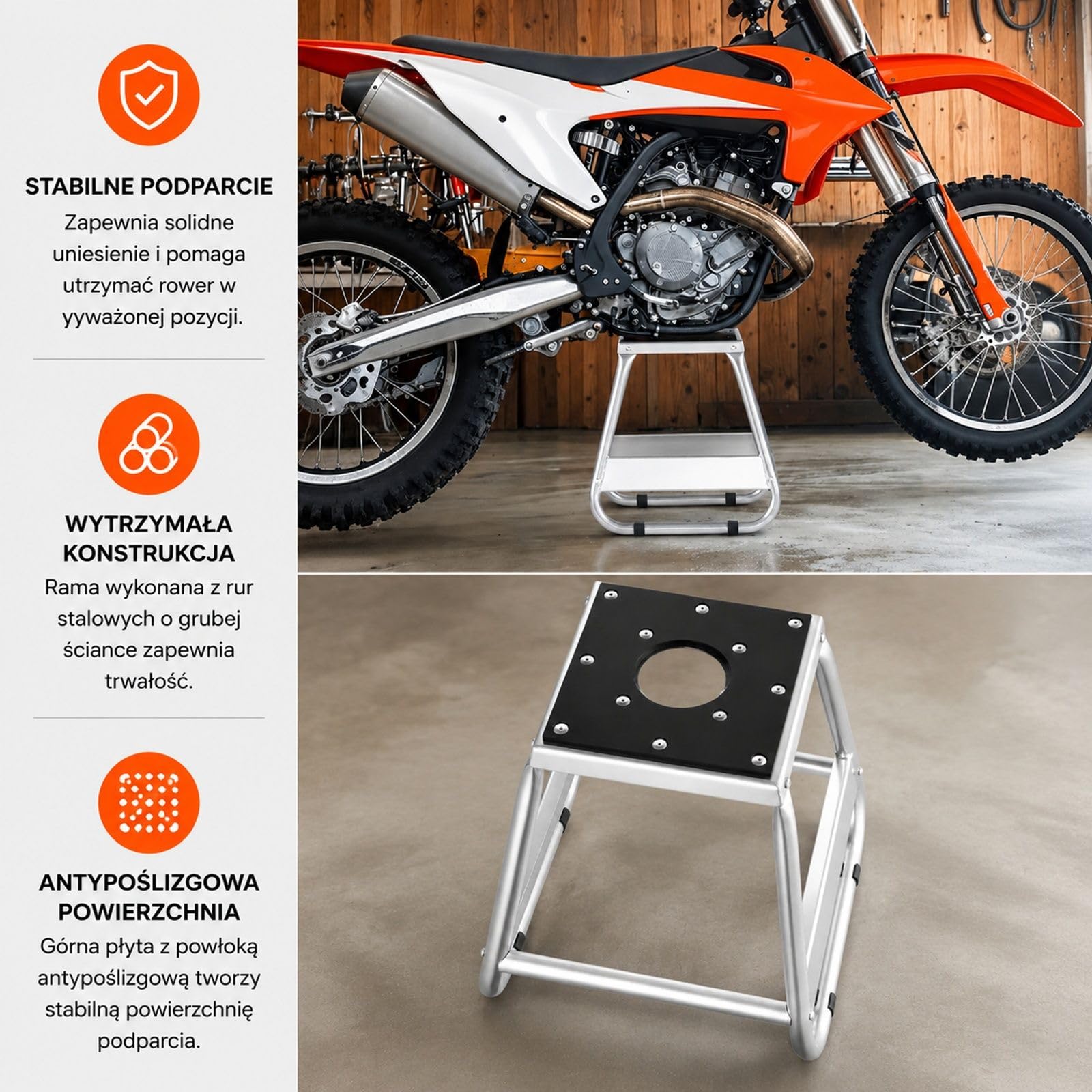 Stojak serwisowy do motocykla terenowego, podnośnik z udźwigiem 498 kg, gumowa platforma i kompaktowe przechowywanie