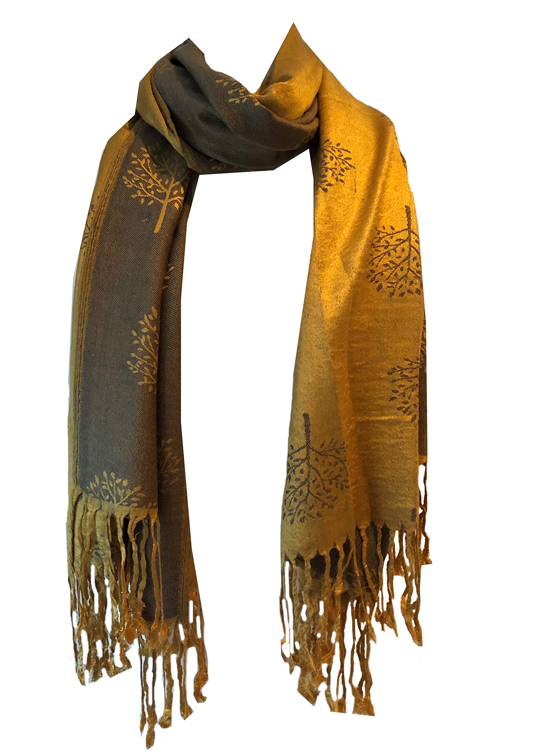 Pamper Yourself Now Women's Mustard/Grey Mulberry Tree Reversible Two Tone Pashmina Scarf, Lovely Wrap/Shawl With Mulberry Trees. Great For Gifts. ()