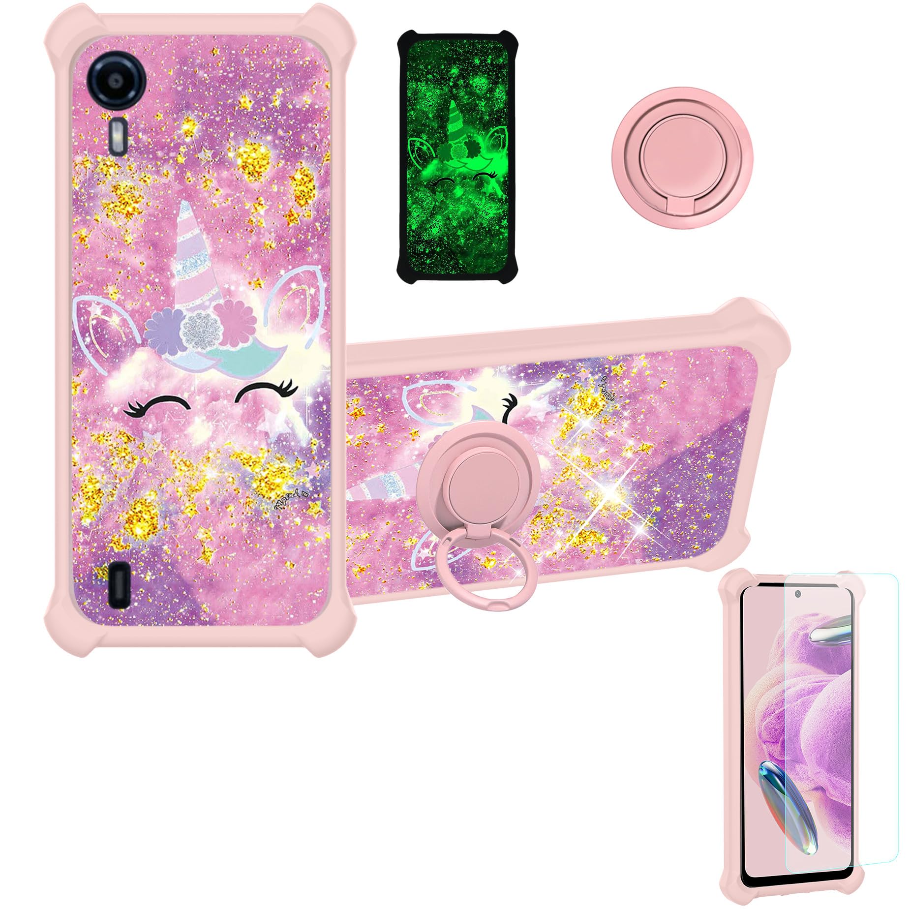 U380AA Case Compatible with Tinno U380AA Phone Case [with Tempered Glass Screen Protector][Hard PC+Soft Silicone][Ring Holder] [Gold Glitter + Luminous] JSF-DJS