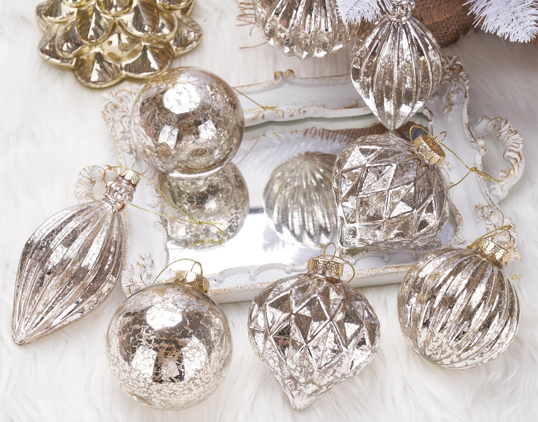 Osfvn Mercury Glass Christmas Ornaments Set of 8 Silver 3.7 Inches Large Hanging Balls Finial Xmas Tree Decorations