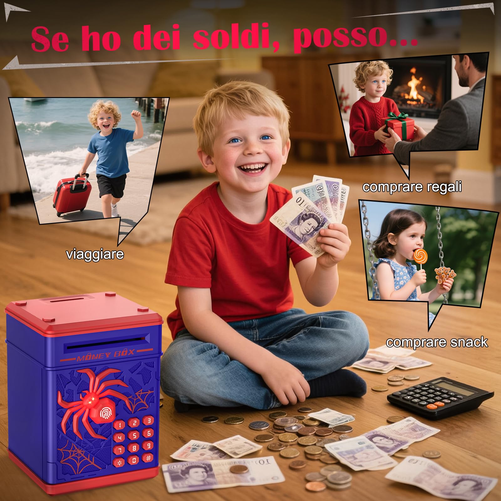 Yellcetoy Salvadanaio Elettronico per Bambini, Spider Cassaforte con Codice di Sicurezza e Musica, Compleanno Regali di Natale per Ragazzi Ragazze 3 4 5 6 7+ anni Blu