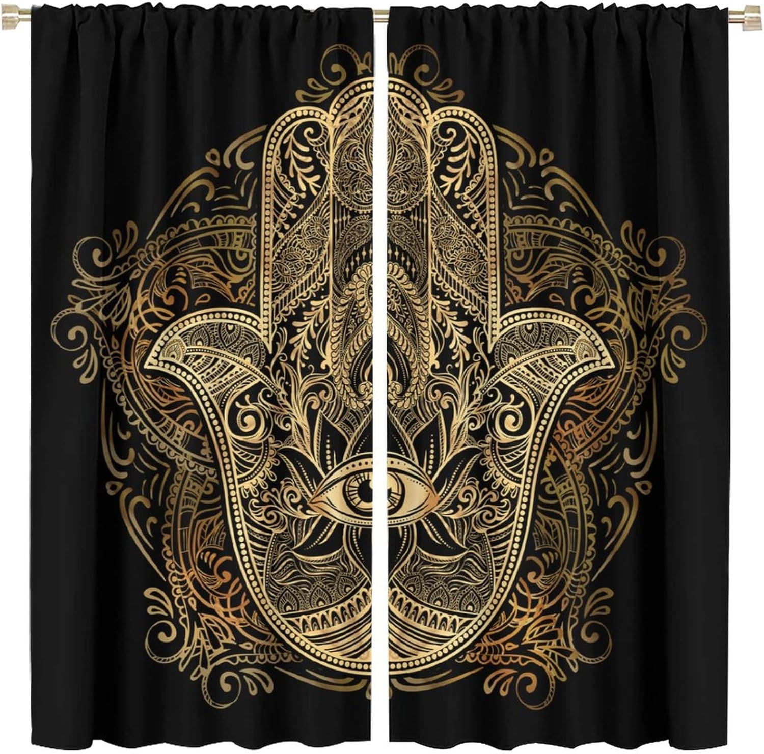 Bohemian Blackout Curtains,Gold Hamsa Hand Boho Chic Mandala Vintage Print Pattern Window Drapes for Bedroom Living Room Kitchen Decor Cafe Office Window Drapes,2 Panels 42x45in