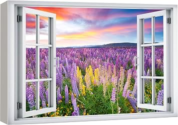 wall26 Canvas Print Wall Art Window View Lavender Flower Floral Botanical Sunset Wilderness Nature Photography Realism Scenic Landscape Colorful Multicolor for Living Room, Bedroom, Office - 24"x36"