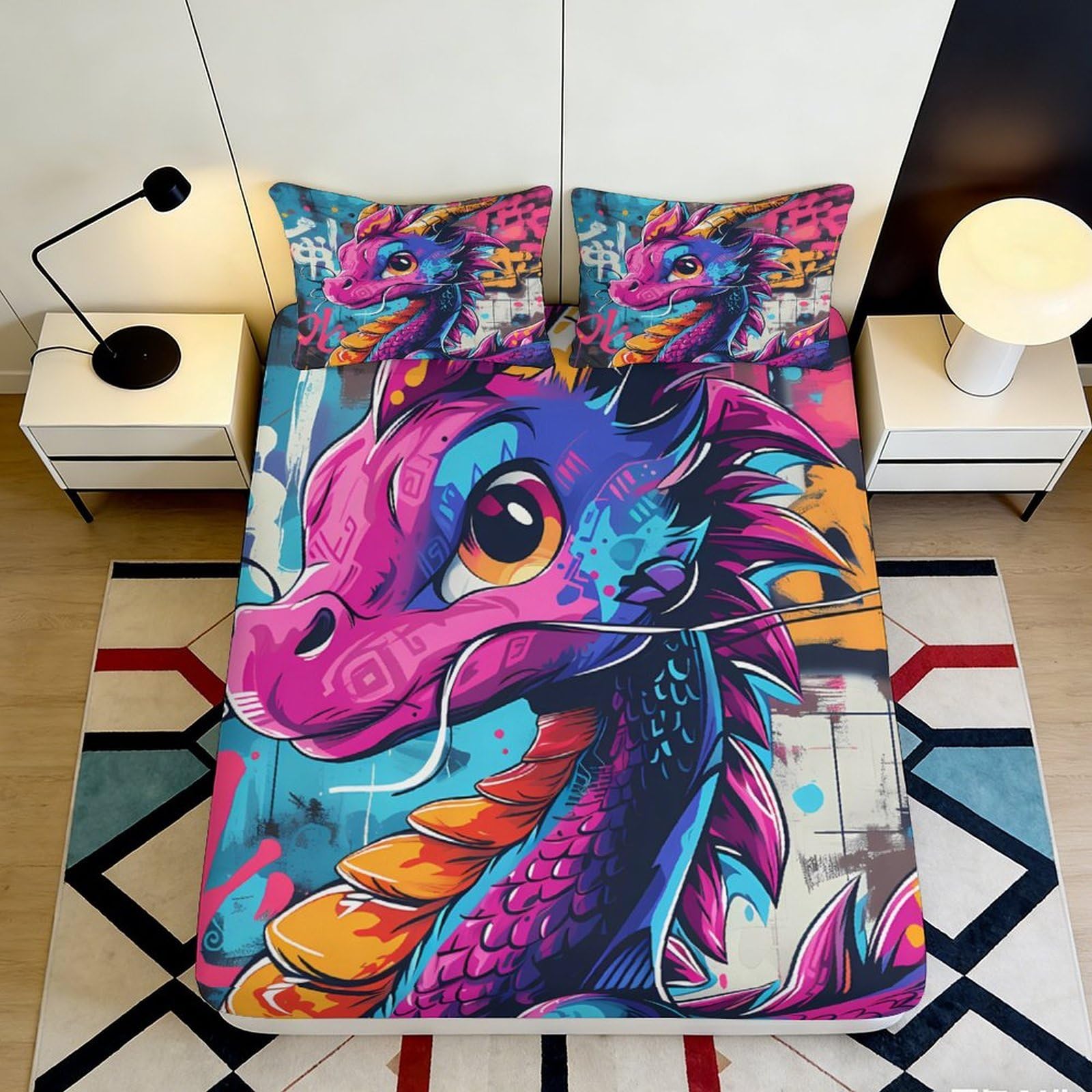 3D Printed Vibrant Dragon Fitted Sheet Microfiber Soft Breathable Fantasy Art Bed Cover for Bedroom Dorm Decor 90x200x25cm