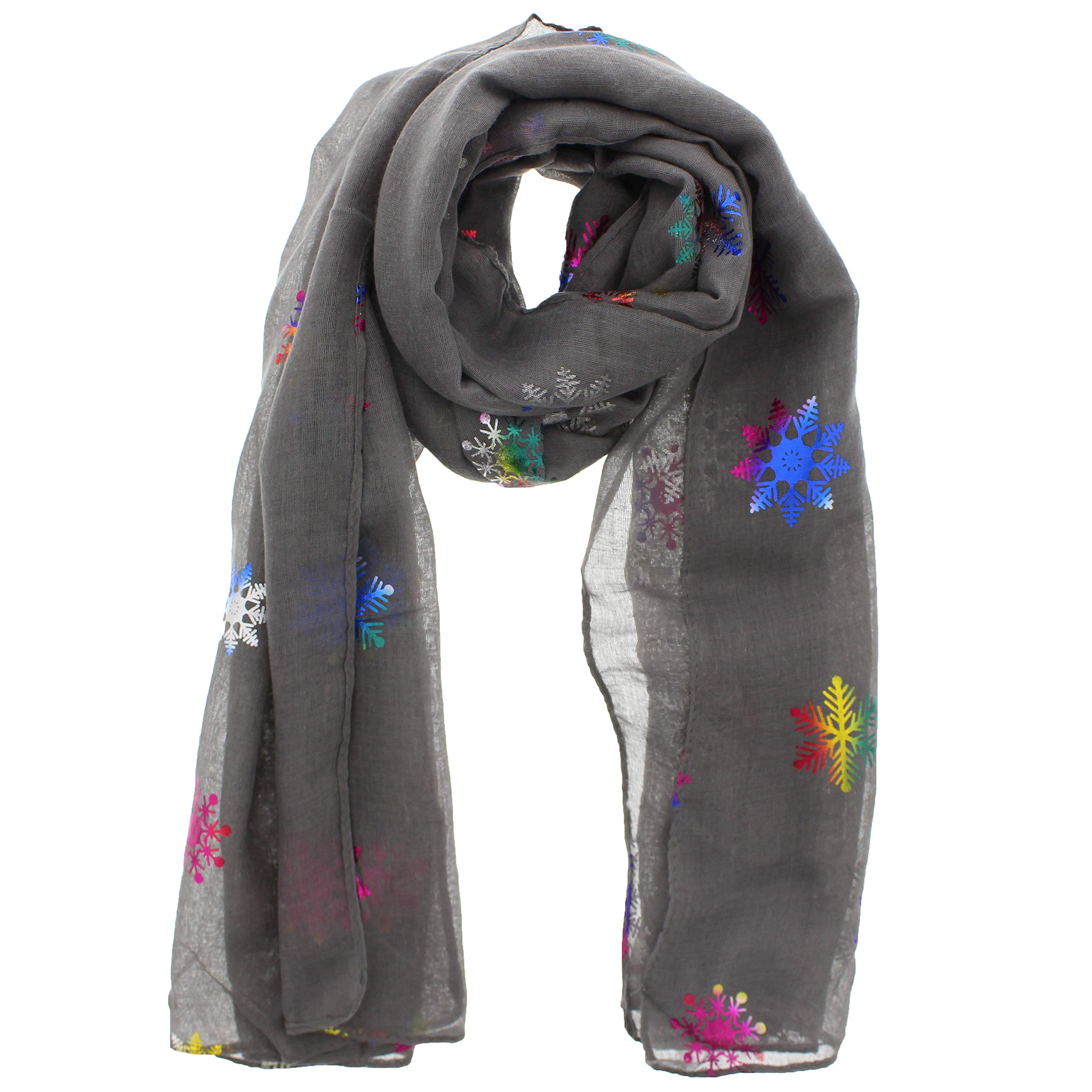 Zac's Alter Ego Women's Grey Christmas Scarf With Rainbow Foil Metallic Glitter Snowflake Print