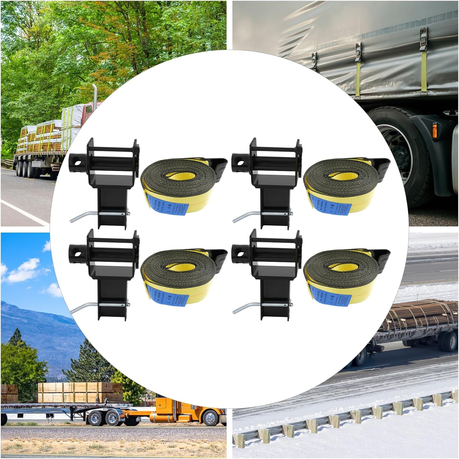 4 Pack Trailer Stake Pocket Winch & Winch Straps Kit, 4" x 30' Yellow Winch Strap with Flat Hook, Working Load Limit 5,400 LBS/Breaking Strength 16,200LBS for Flatbed Trailer, Black