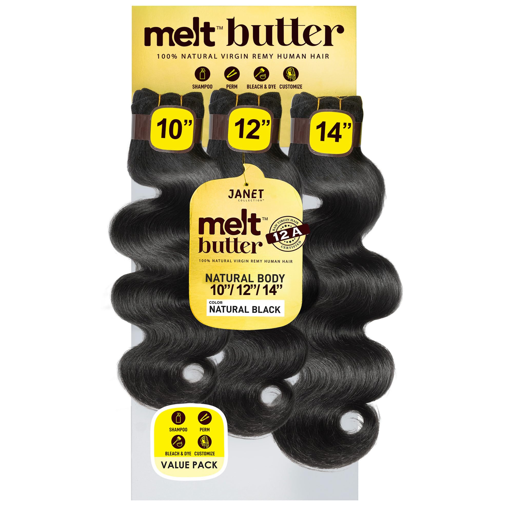 Janet Collection melt butter 12A 100% Natural Virgin Remy Human Hair NATURAL BODY 3Bundles Deal Natural Black Color (Natural Black, 10"12"14")