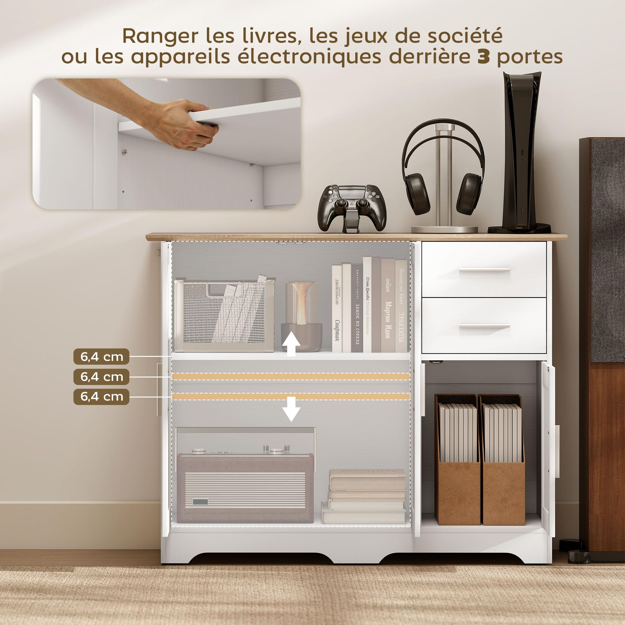 HOMCOM Buffet Salon 2 tiroirs 3 Portes 100 x 40 x 78 cm Blanc Bois Naturel | Meuble de Rangement, Étagère Réglable, Style Contemporain, Buffet Salle à Manger et Cuisine