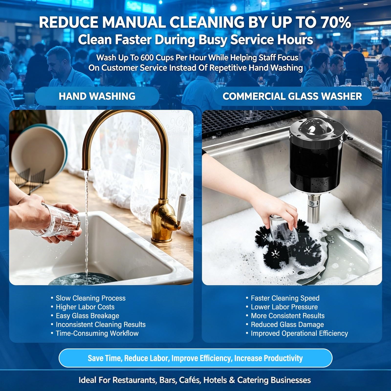 Limpiador De Vasos Profesional De Acero Inoxidable, Máquina Lavavasos Eléctrica Con 5 Cepillos Rotativos Para Bar, Cafetería, Hotel Y Cocina Comercial