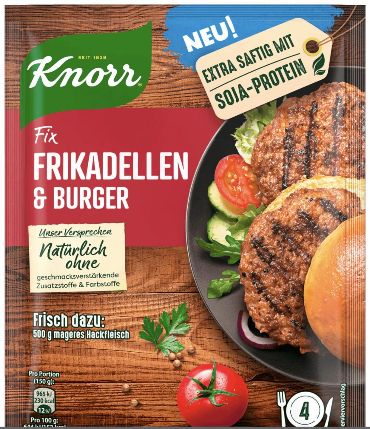 Frikadellen y Burger - Condimento Alemán de Preparación Rápida Sin Aditivos, Albóndigas y Hamburguesas - 4 raciones - Compatible con Knorr Fix - 46g
