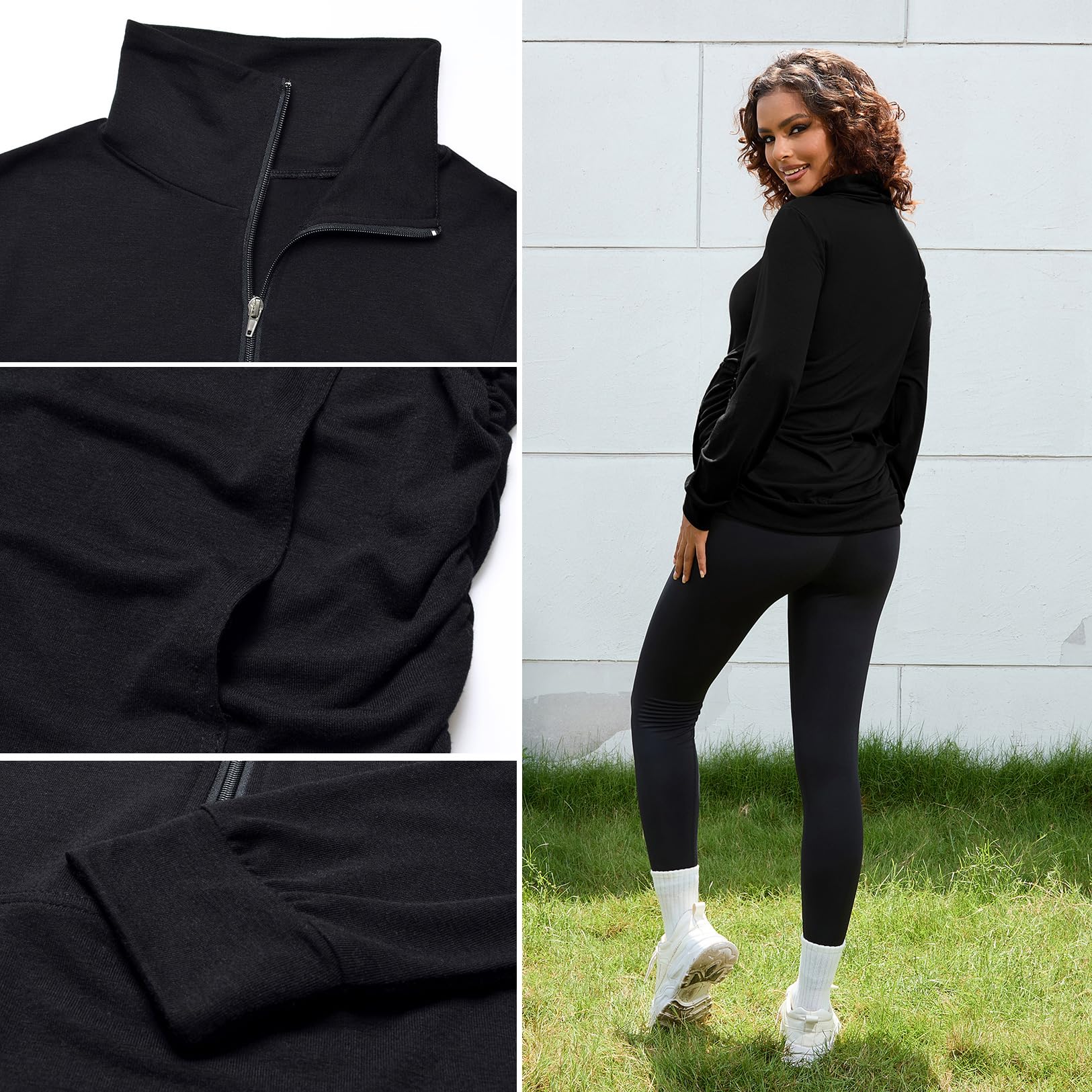 DEBELLY Umstandsshirt mit Tasche für Damen, Revers, lässig, Schwangerschaft, Langarm, Reißverschluss, Kapuzenpullover