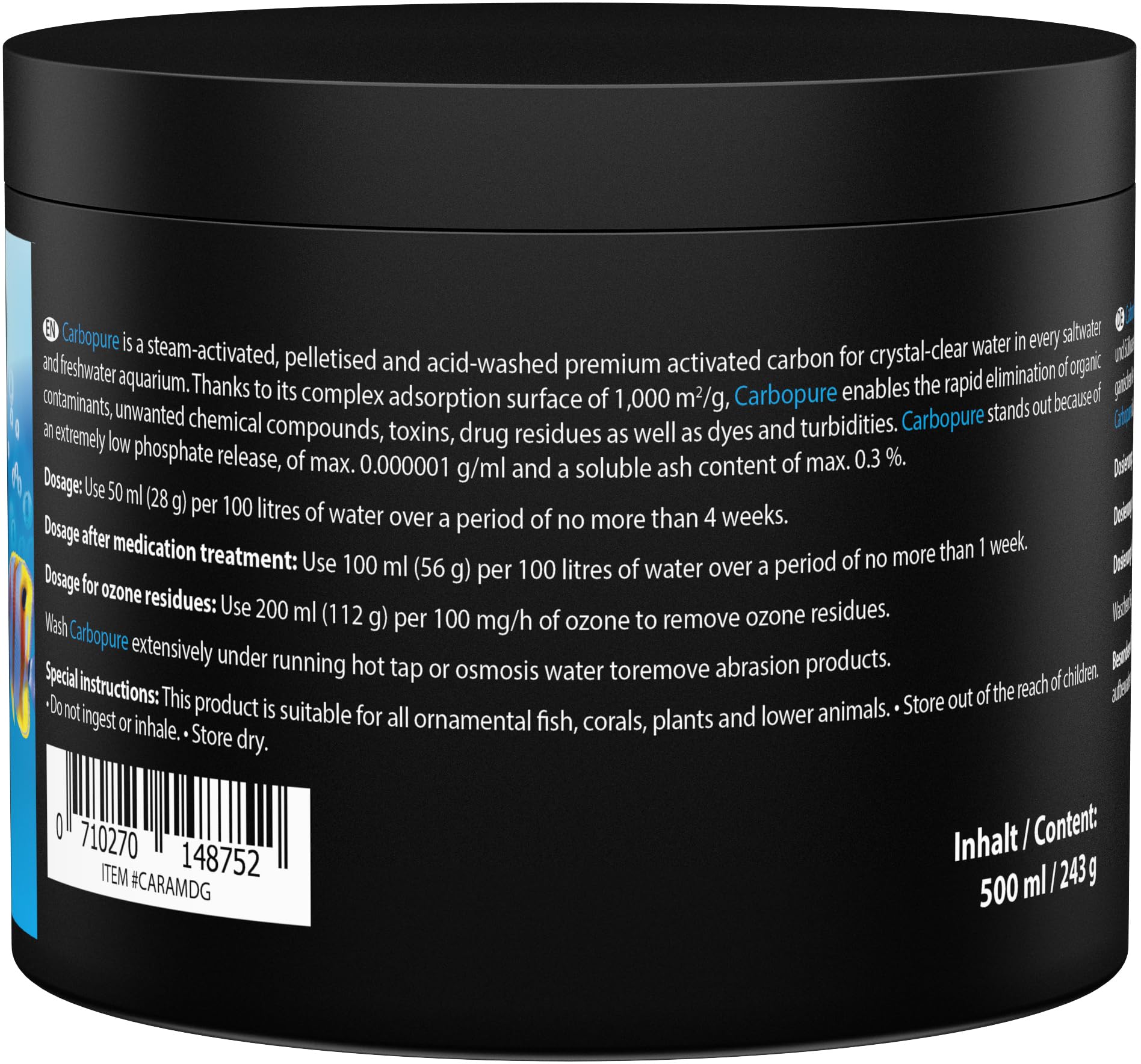 Carbón Activo Acuario – ARKA Carbopure 500 ml / 243 g – Elimina turbidez, restos de medicamentos y colorantes – Agua Clara en Horas – Dulce y Marino – Lavado ácido y Activado al Vapor — view 3