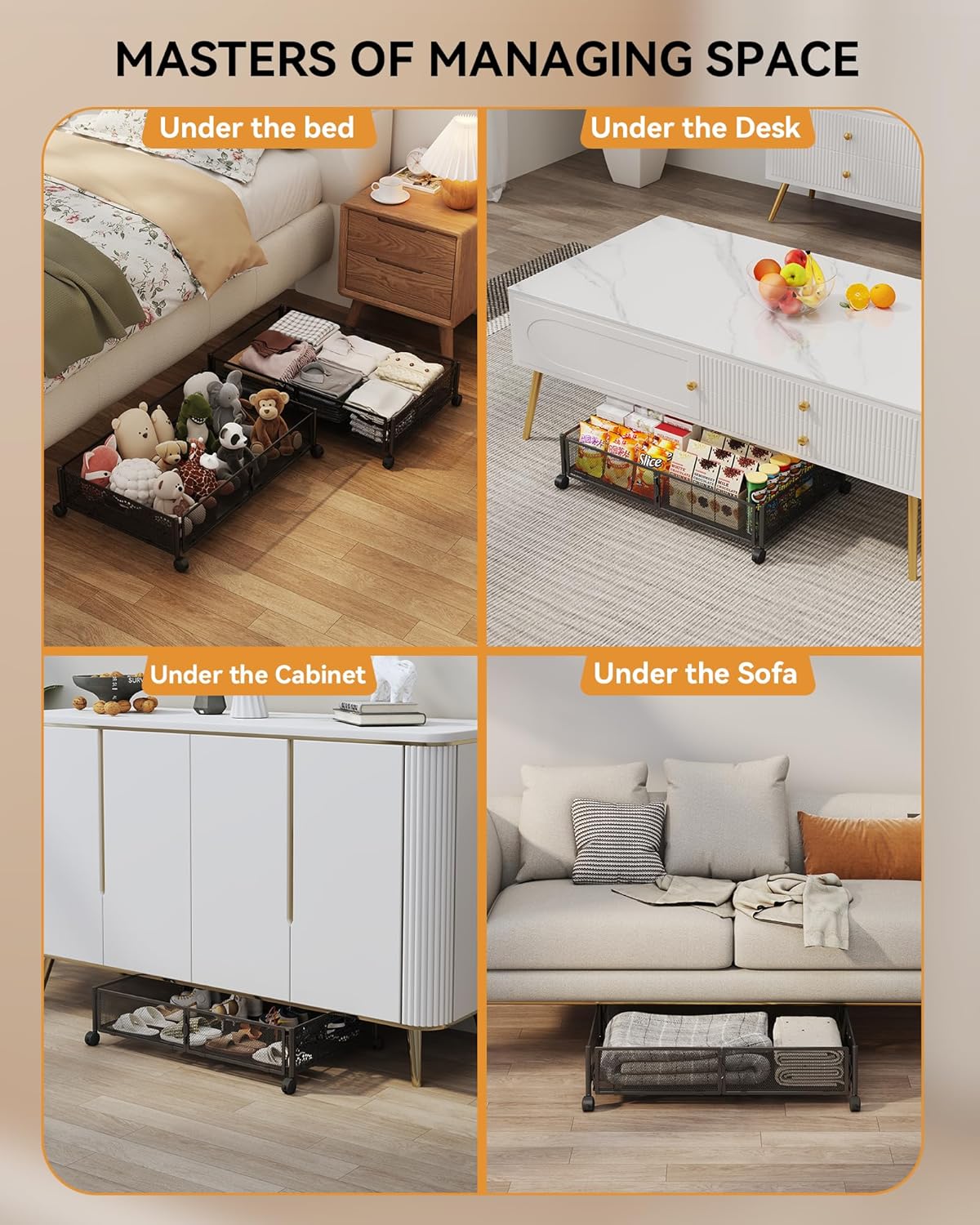 Under Bed Storage with Wheels, Foldable Pattern Carved Metal Under The Bed Storage, Tool-Free Assembly Under The bed Storage Bins, 60L Underbed Storage for Bedroom Clothes Shoes Toys-2 Pack