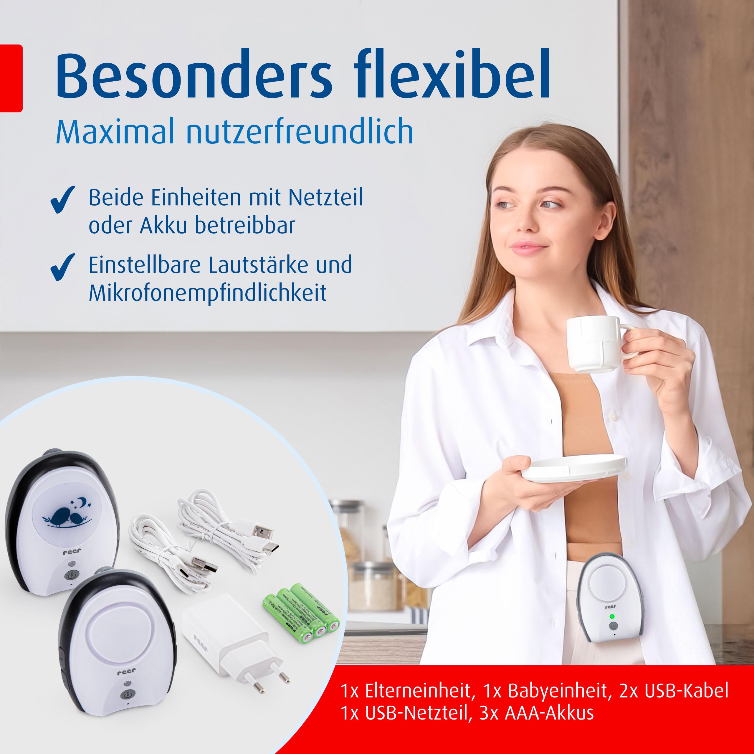 reer Rigi Digital Babyphone | 300 m Reichweite | Mit Nachtlicht und Gegensprechfunktion | VOX-Funktion | FHSS-Technologie | Akku- oder Netzbetrieb | Qualität vom Erfinder