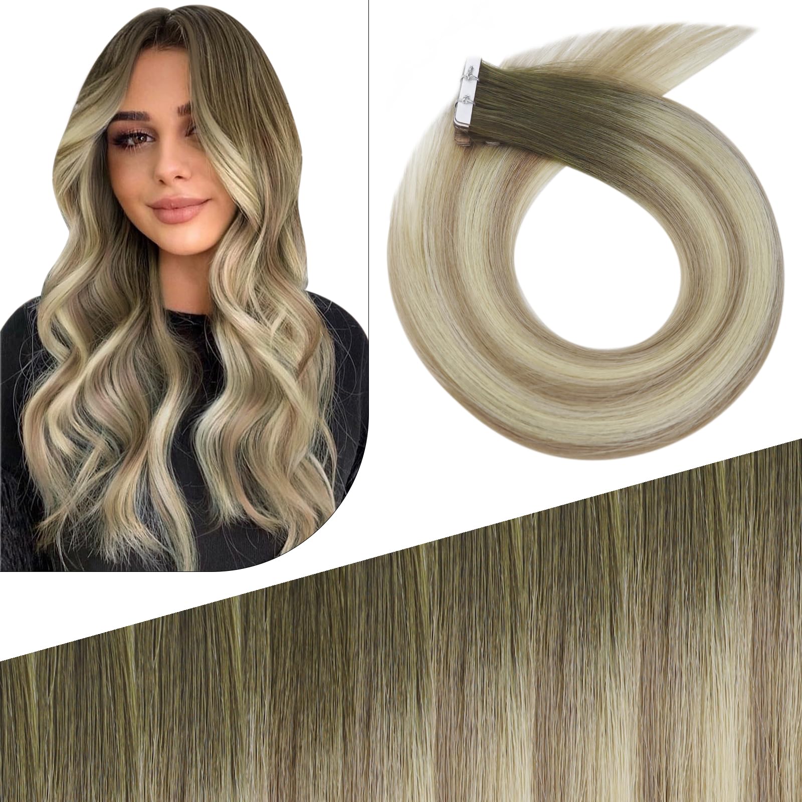 Fshine Extensiones Adhesivas Pelo Natural 20 Pulgadas 50g Cabello Humano Marrón Claro Balayage Rubio Y Marrón Claro Cinta 20Pcs Liso Color 6 60 6 — view 42