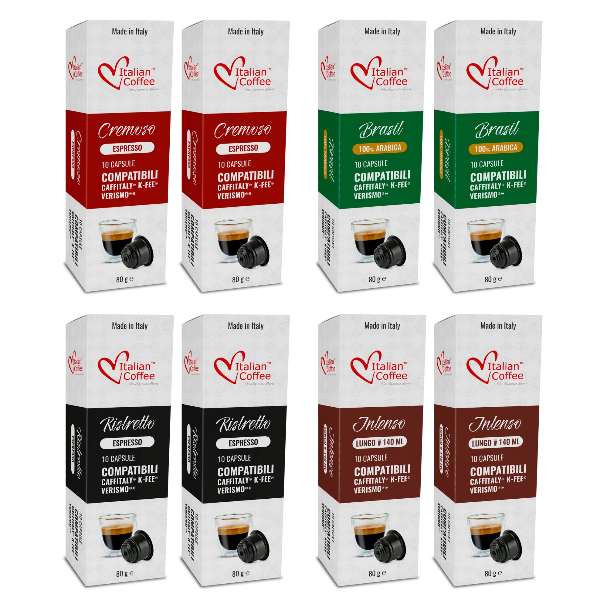 Italian Coffee, 80 Coffee Capsules Compatible with Caffitaly®, K-Fee® and Verismo® – Taste Kit 4 Blends, Cremoso, Brasile, Intenso Lungo, Ristretto, Espresso Variety Pack