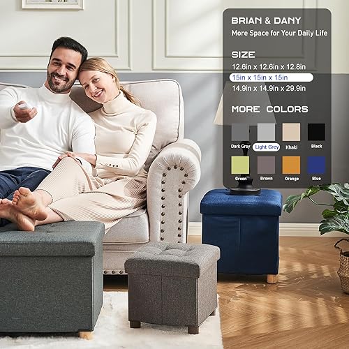 Miniatura 6 de BRIAN & DANY Reposapiés otomano plegable de almacenamiento y cubo de asiento con patas y tapa de madera, gris claro de 15 x 15 x 14.7 pulgadas