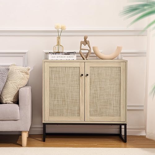 GAOMON Gabinete de almacenamiento de ratán con puertas de ratán, estantes ajustables, aparador de buffet, gabinete de acento para sala de estar,