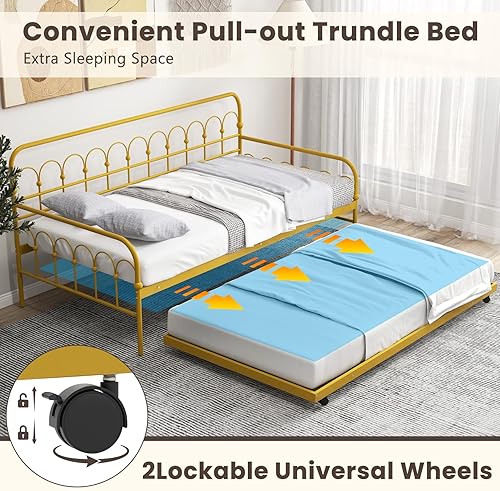 Miniatura 6 de Giantex Sofá cama individual con nido dorado, cama de día de metal con práctica cama nido extraíble, listones de metal, ruedas universales con