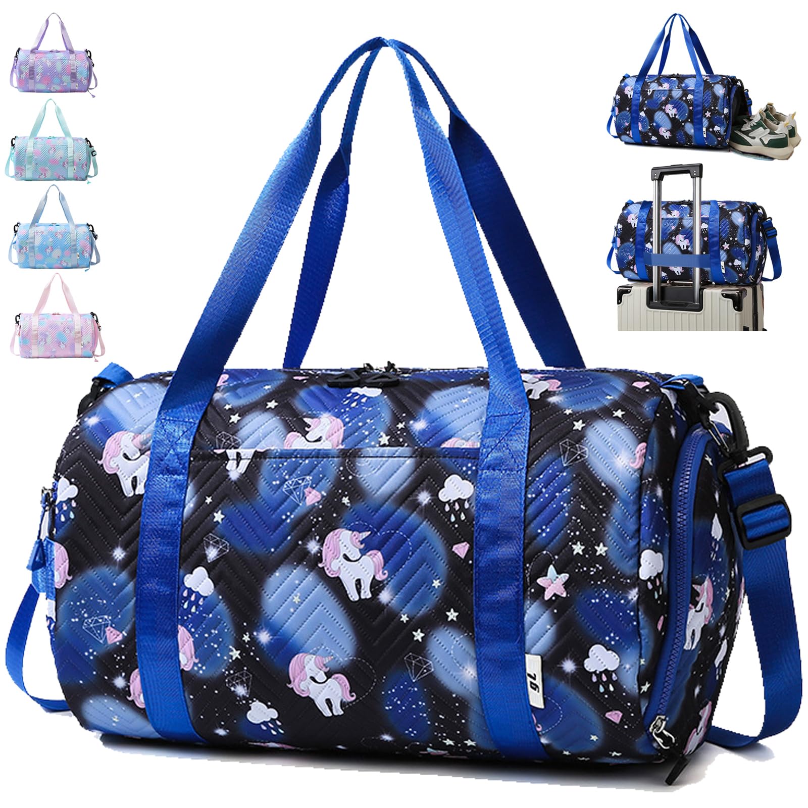 AUNGKWANG Unicorn Travel Bags, Swim with Shoes Compartment & Waterproof Pocket, Waterproof Dance Bag, for Girls Fitness Workout, Travel, Dance, Ballet, Swim