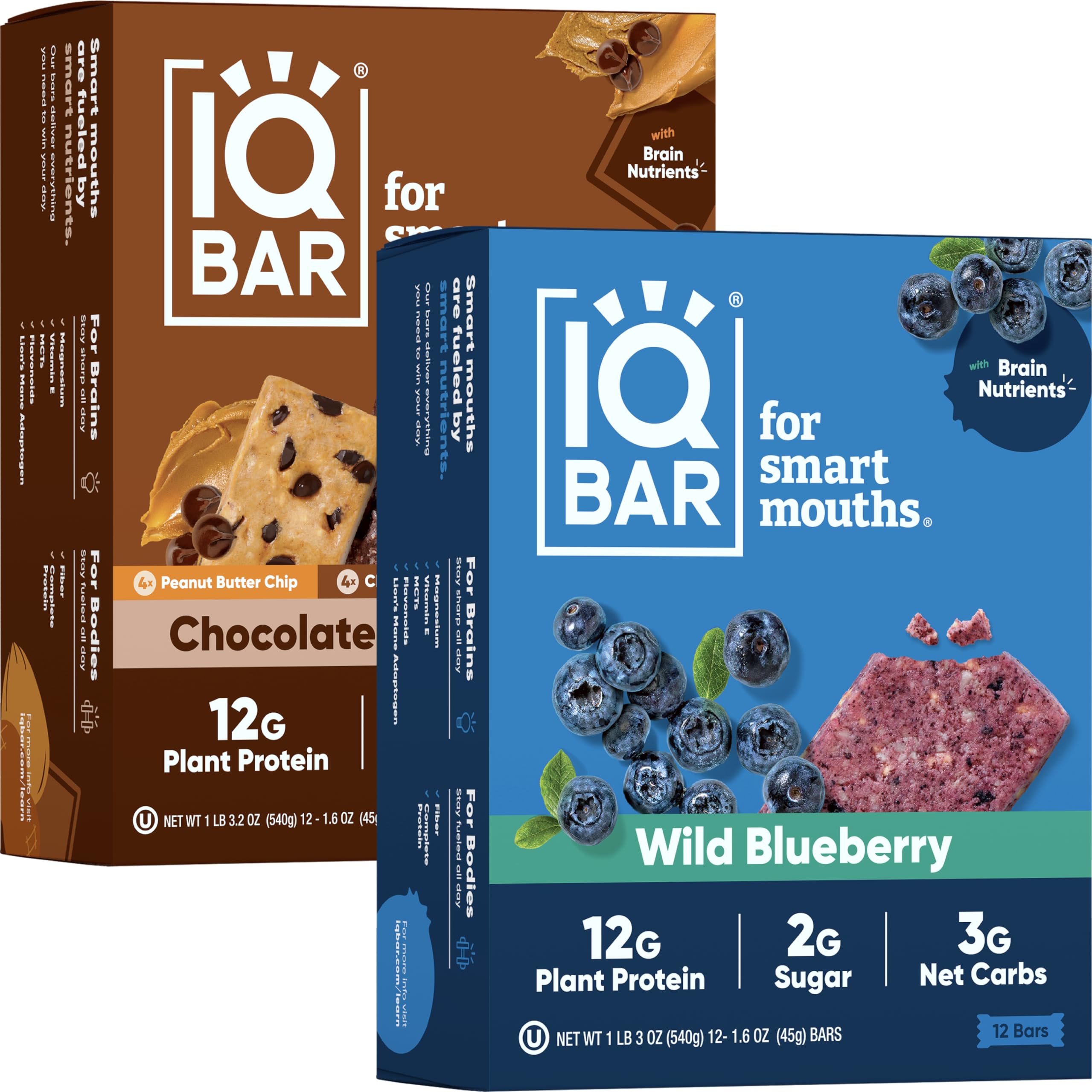 IQBAR Brain and Body Keto Protein Bars - Chocolate Lovers Variety and Wild Blueberry - 12 Count Energy Bars - Low Carb Protein Bars - High Fiber Vegan Bars Low Sugar Meal Replacement Bars