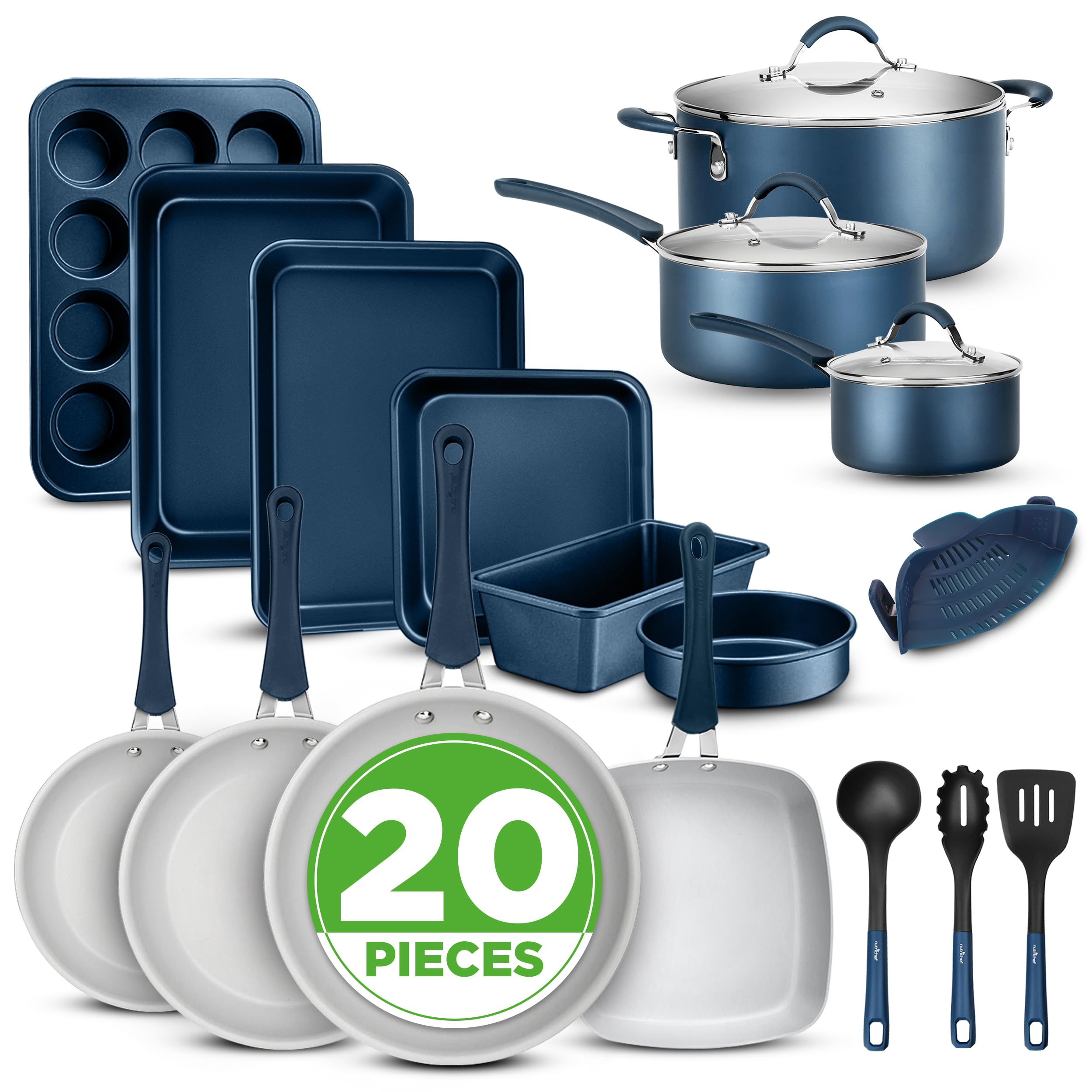 NutriChef Professional 20 Pc Kitchen Set in Navy Blue - Durable Non-Stick Pots and Pans with Bakeware, Compatible with Any Cooktop, Easy Clean