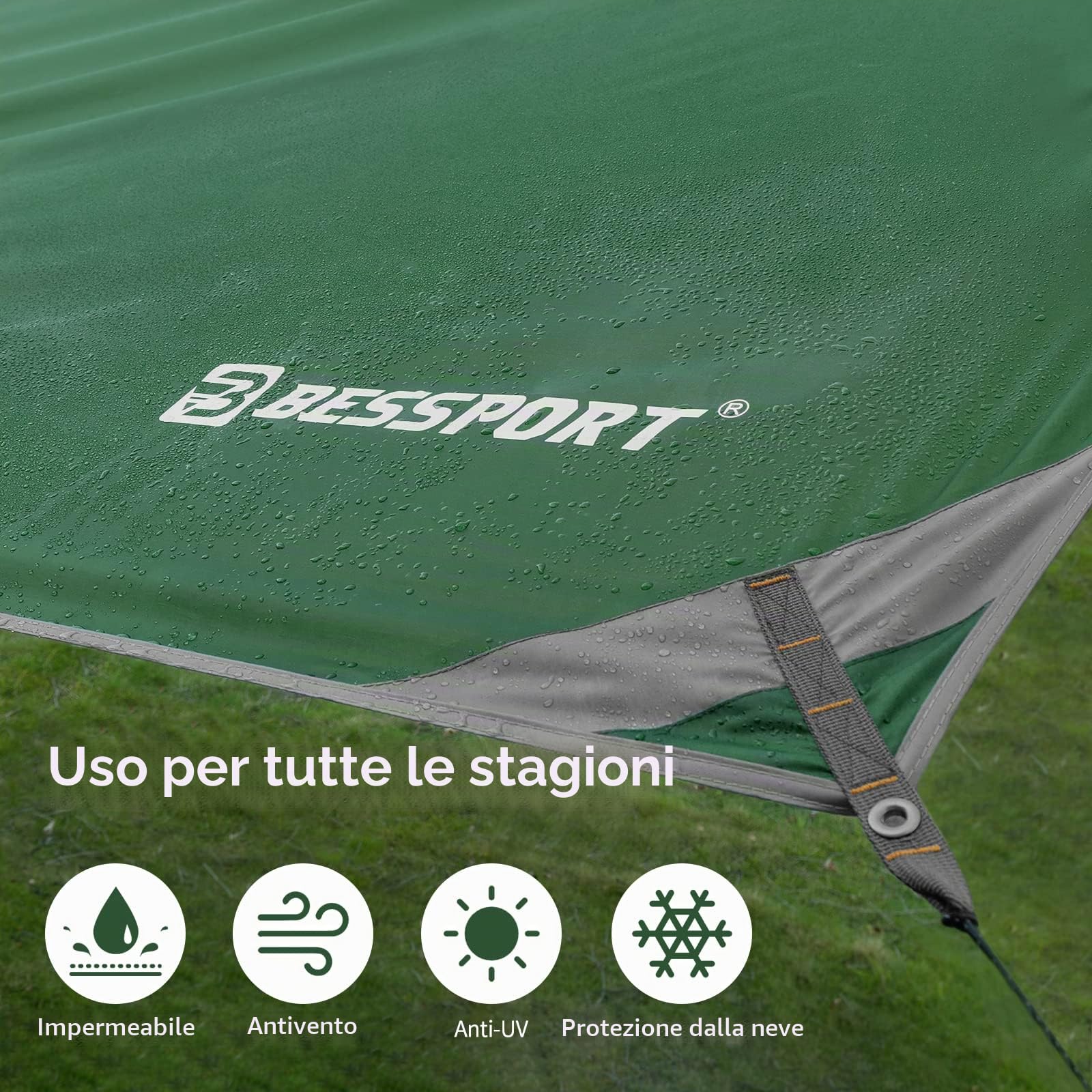 Bessport Tenda Parasole da Campeggio Tarp 4.6 x 3m, Con 2 Canne, PU 5000 Telone da Campeggio Ultra LeggeroImpermeabile, con 12 Corde del Vento, Telone per Campeggio, Picnic