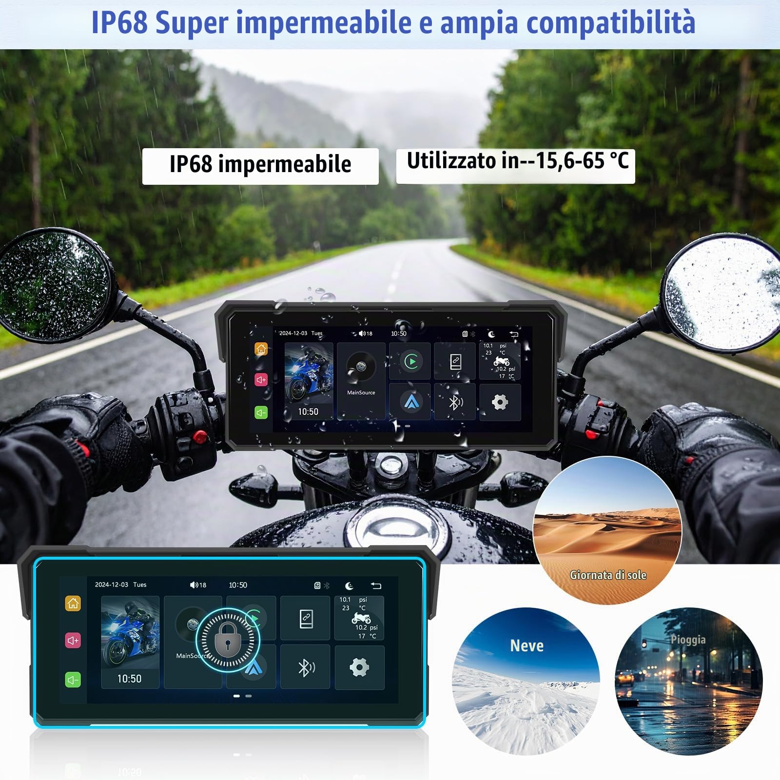 [2025] CAMECHO Senza Fili Carplay 8.1 Pollice Moto Schermata con Android Auto IP68 impermeabile, Touchscreen Navigatore con Bluetooth Airplay Android Cast EQ Suono Ampia Adattabilità +1600 * 600 HD