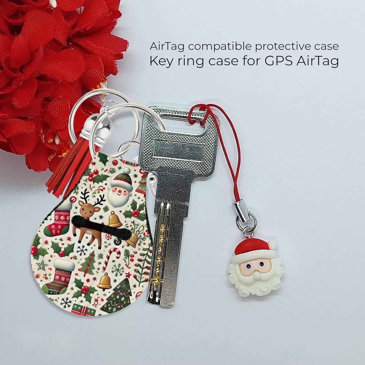 Jolitee Neoprene AirTag Compatible Case Keychain – Durable & Stylish Holder with Secure Ring and Clip, Compatible with Apple AirTag (Christmas Deer)