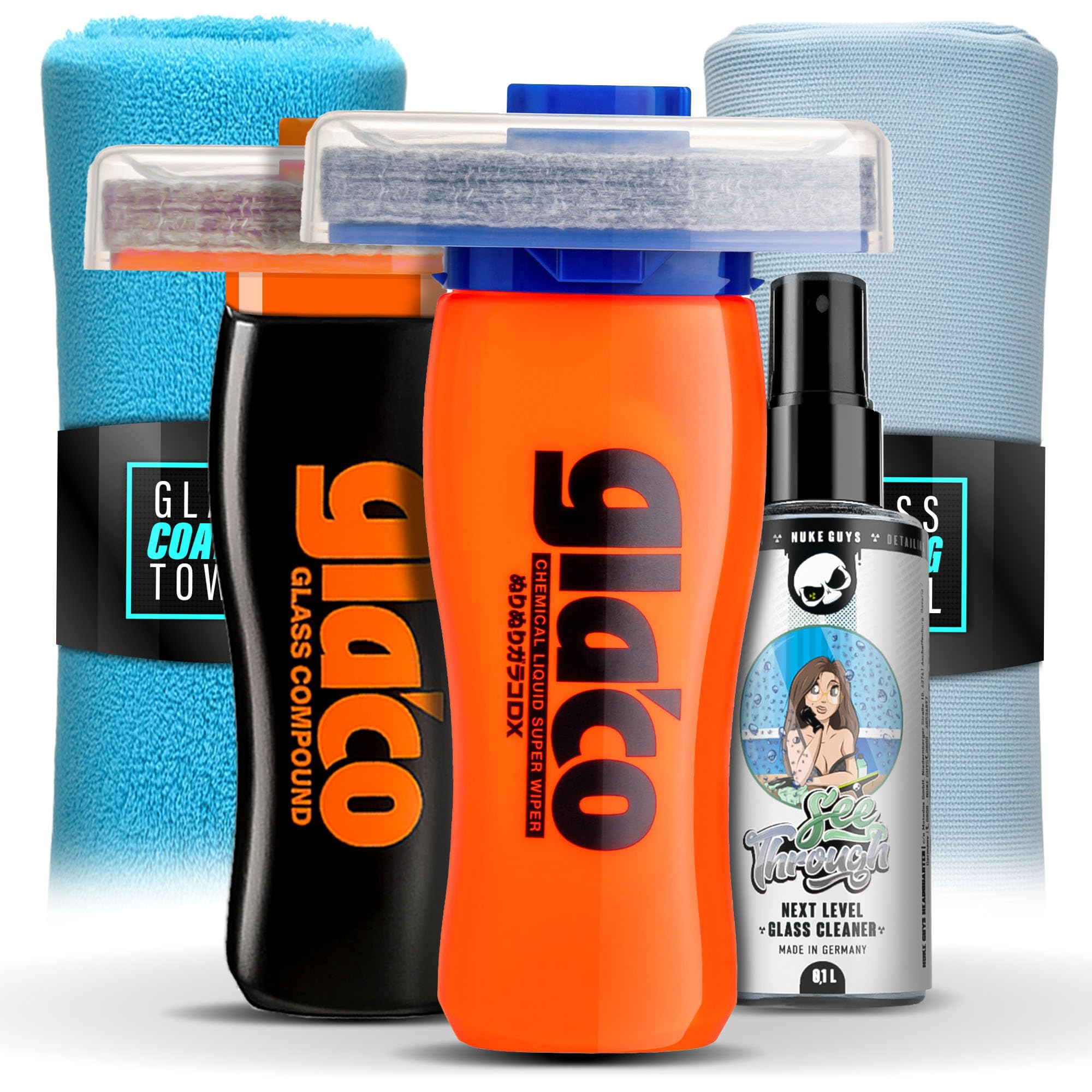 5-teil. Glasversiegelung Bundle - Soft99 Glaco DX 110 ml Versiegelung + Soft99 Glaco Glass Compound Roll On 100ml - Politur für Glas + Glasreiniger 100ml, Poliertuch, Glas Mikrofasertuch