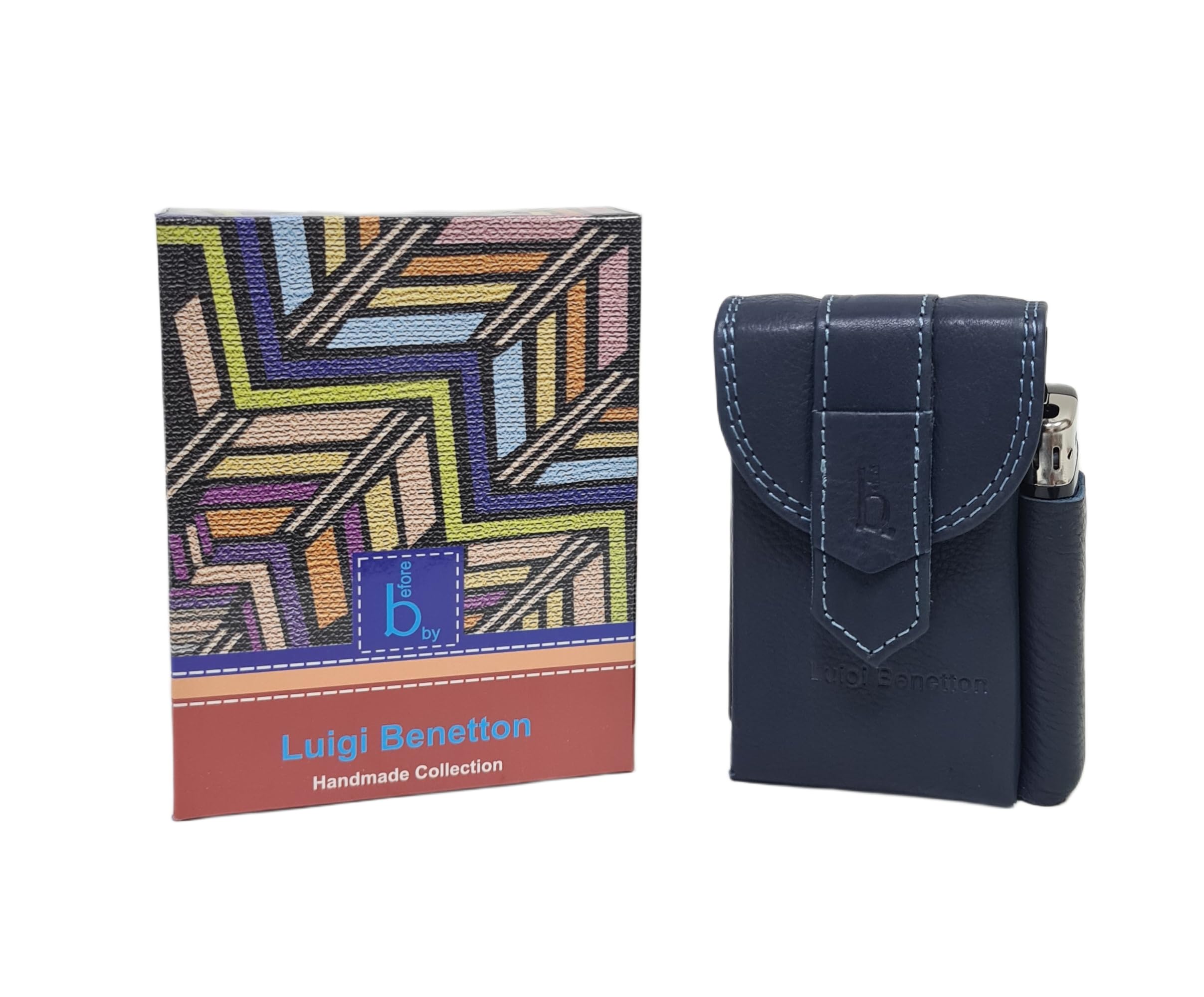 Luigi Benetton Portasigarette in Vera Pelle, Doppio Bottone, Porta Accendino Laterale, Dimensioni 10x6,5x3 cm, con Scatola Regalo Art. 3176 (BLU)