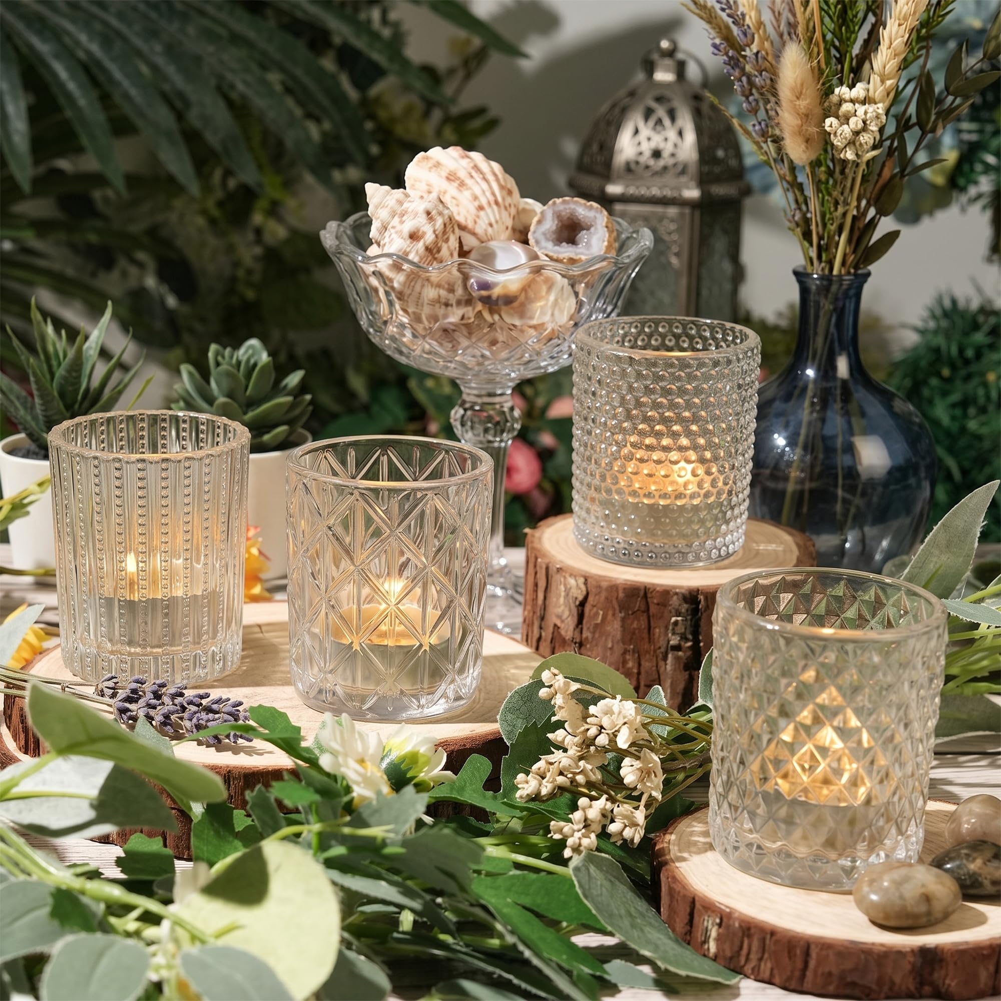 Ningfist Clear Glass Tea Light Holders Set Of 4, Ribbed Votive Candle Holders