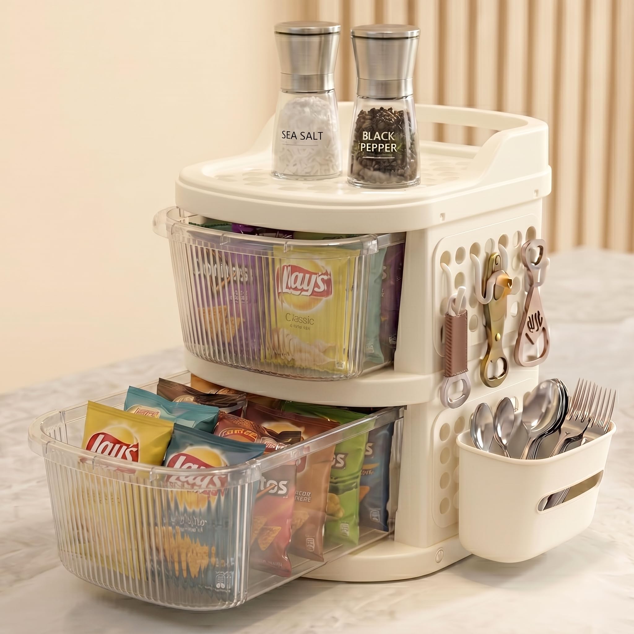 TEX-RO 2 Layer Plastic Drawer Cabinet with Wheels & Side Hooks | Stackable Storage Trolley Organiser for Kitchen | Multipurpose Drawers Organisers Rack with Basket - Transparent & Ivory